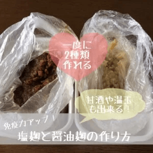 塩麹と醤油麹の写真
（免疫力アップ！一度に2種類作れる。甘酒や温玉もできる！）